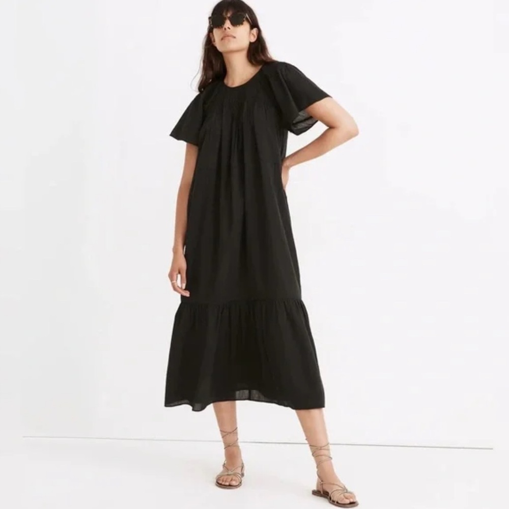 NWT Madewell Black Embroidered Smocked Tiered Midi Dress
